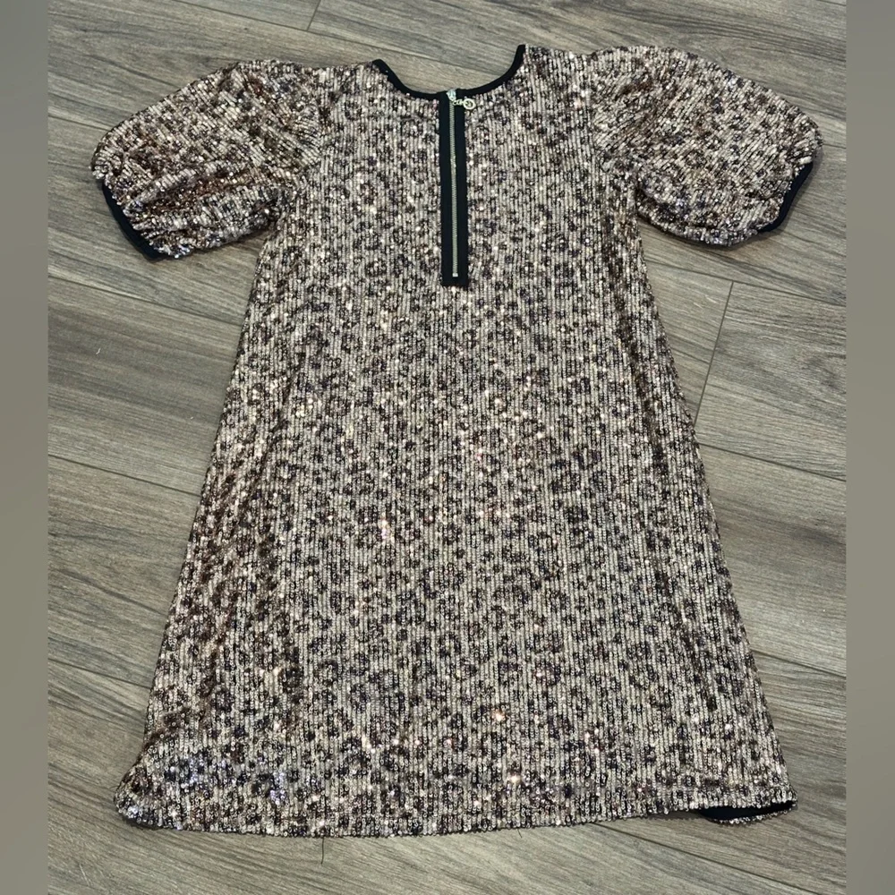 NWOT Hannah Banana Girls 14 Leopard Sequin Puff Sleeve Dress
